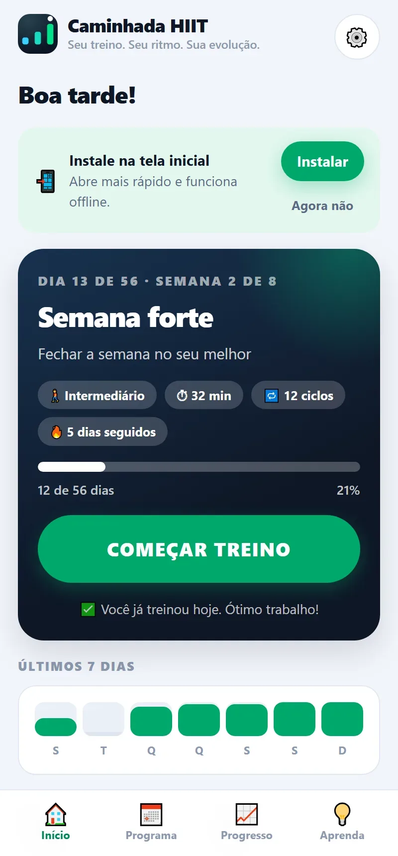 Tela inicial do aplicativo Caminhada HIIT